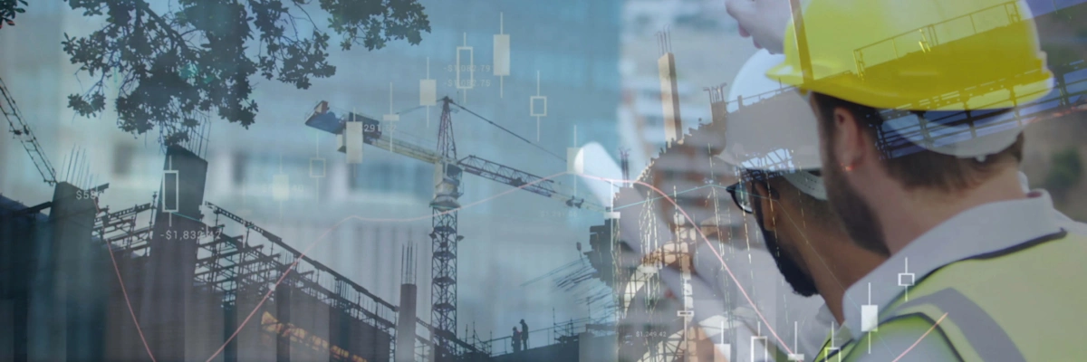 Deux hommes sur un chantier de construction, avec des graphiques financiers superposés.