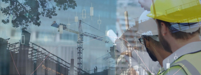 Deux hommes sur un chantier de construction, avec des graphiques financiers superposés.