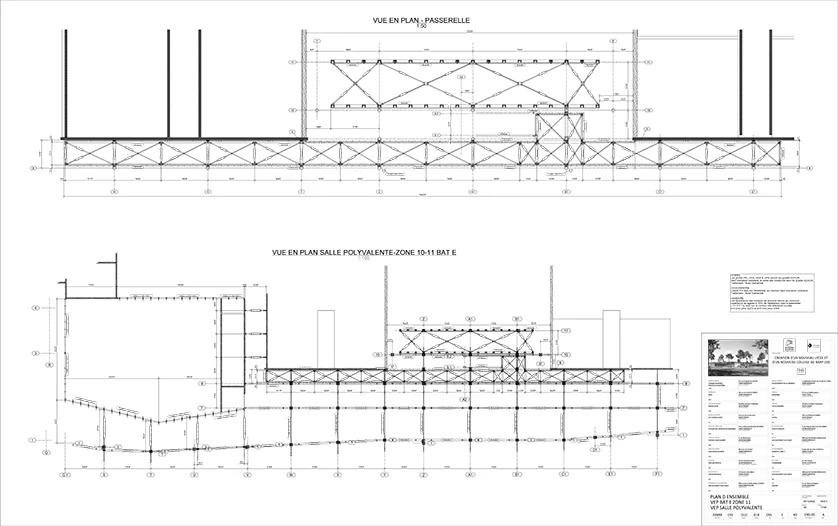 Architectural blueprint showing two views: a top view of a walkway and a plan view of a multi-purpose hall.