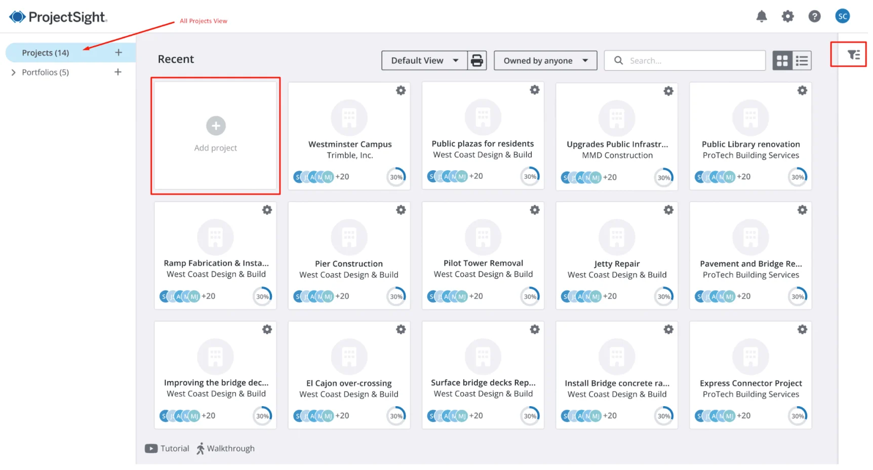 ProjectSight dashboard showing a list of recent construction projects, with an option to add a new project.