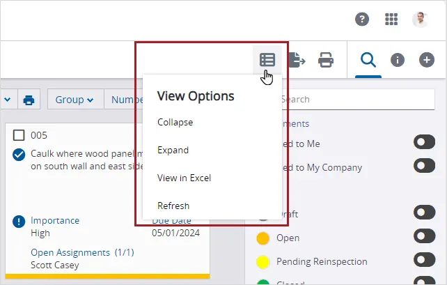 User clicks on the view options icon, revealing a menu with options such as Collapse, Expand, and View in Excel.