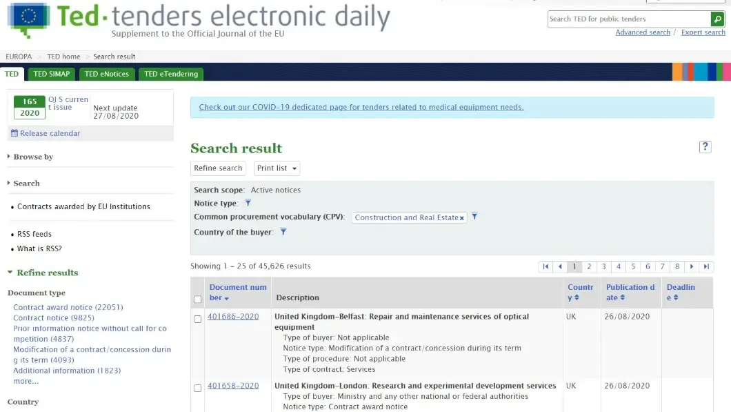 On TED (Tenders Electronic Daily) you can not only find all EU tenders opportunities, but also construction sales leads from
