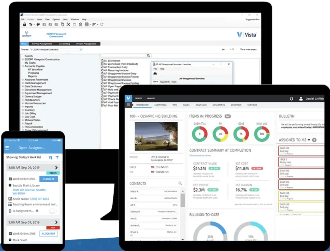 Viewpoint Vista construction ERP on desktop, tablet and phone.