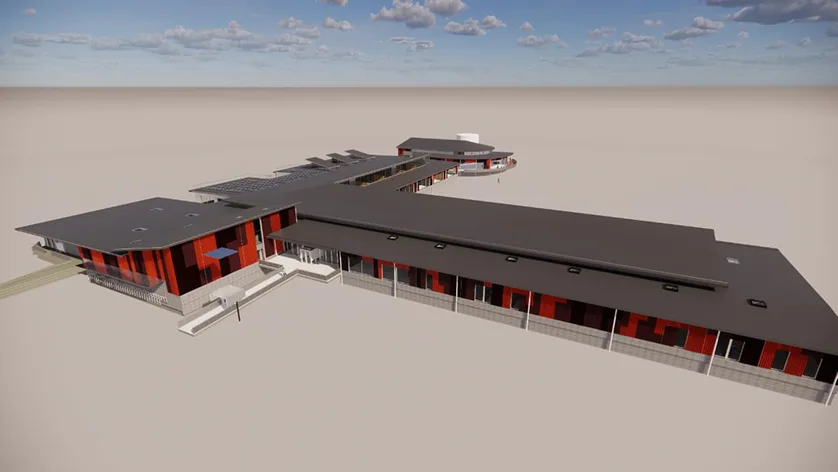 Architectural rendering of a long, low-rise building with a dark gray roof and red accents.