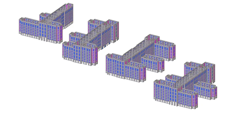 Escondido Village Graduate Housing의 Tekla Structures 모델에 있는 프리캐스트 콘크리트 패널