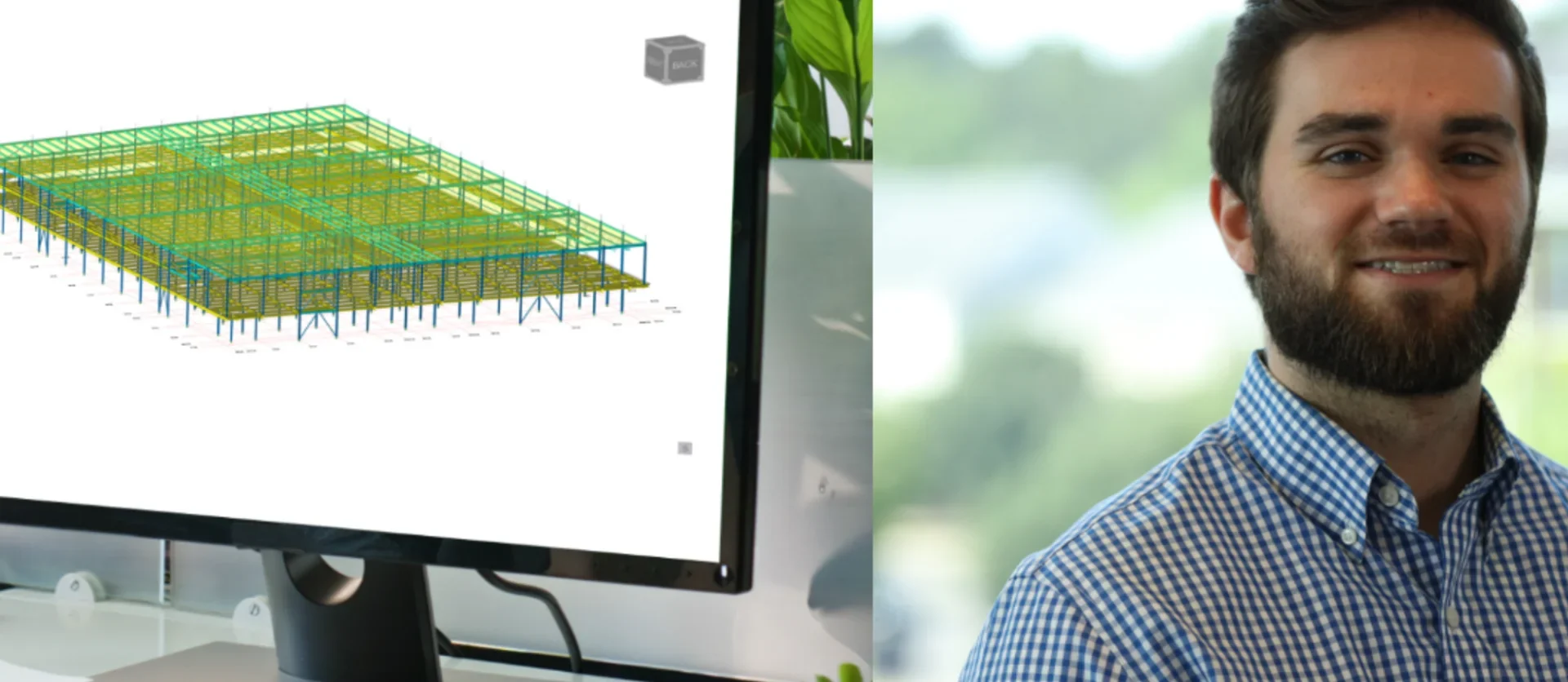 A split image showing a desktop monitor displaying a green and yellow 3D structural framing model on the left, and a portrait of a smiling male professional in a blue checkered shirt on the right