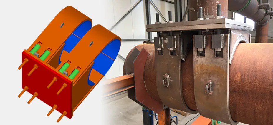 3D rendering and photograph of a pipe support system.