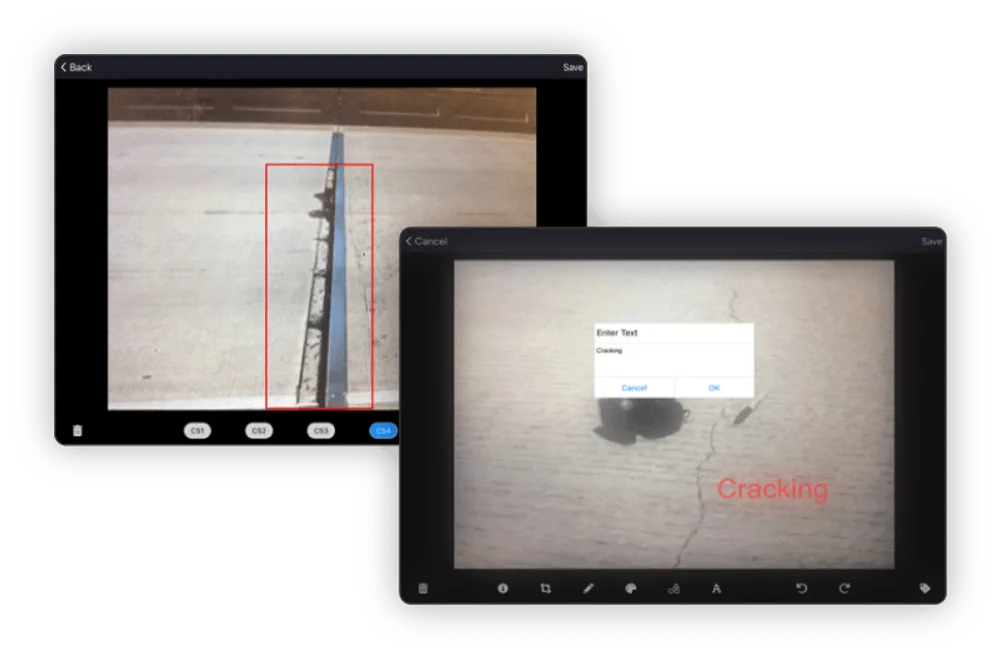 Interface showing cracking detection on asphalt with annotations.