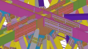 A close-up, 3D rendering shows a complex network of multi-colored structural steel beams and support columns.