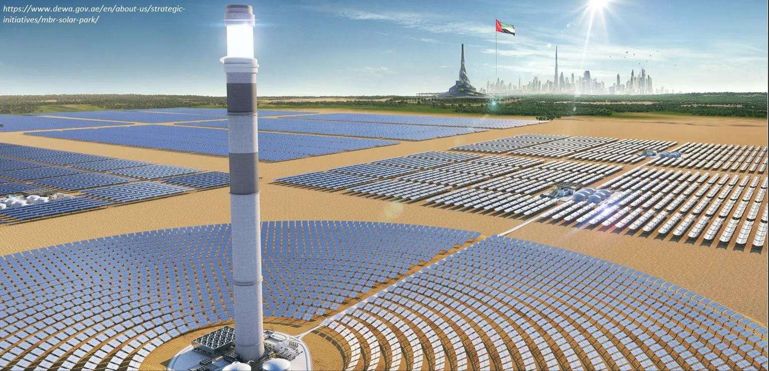 Image of a large solar power plant, surrounded by rows of solar panels in a desert landscape, with a futuristic city skyline and the UAE flag.