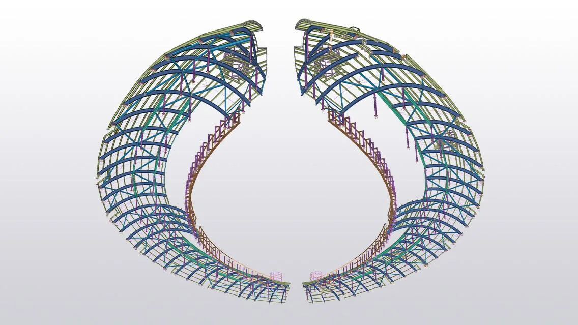 A digital model of the intricate steel framework for a large, curved structure, resembling a pair of open wings.