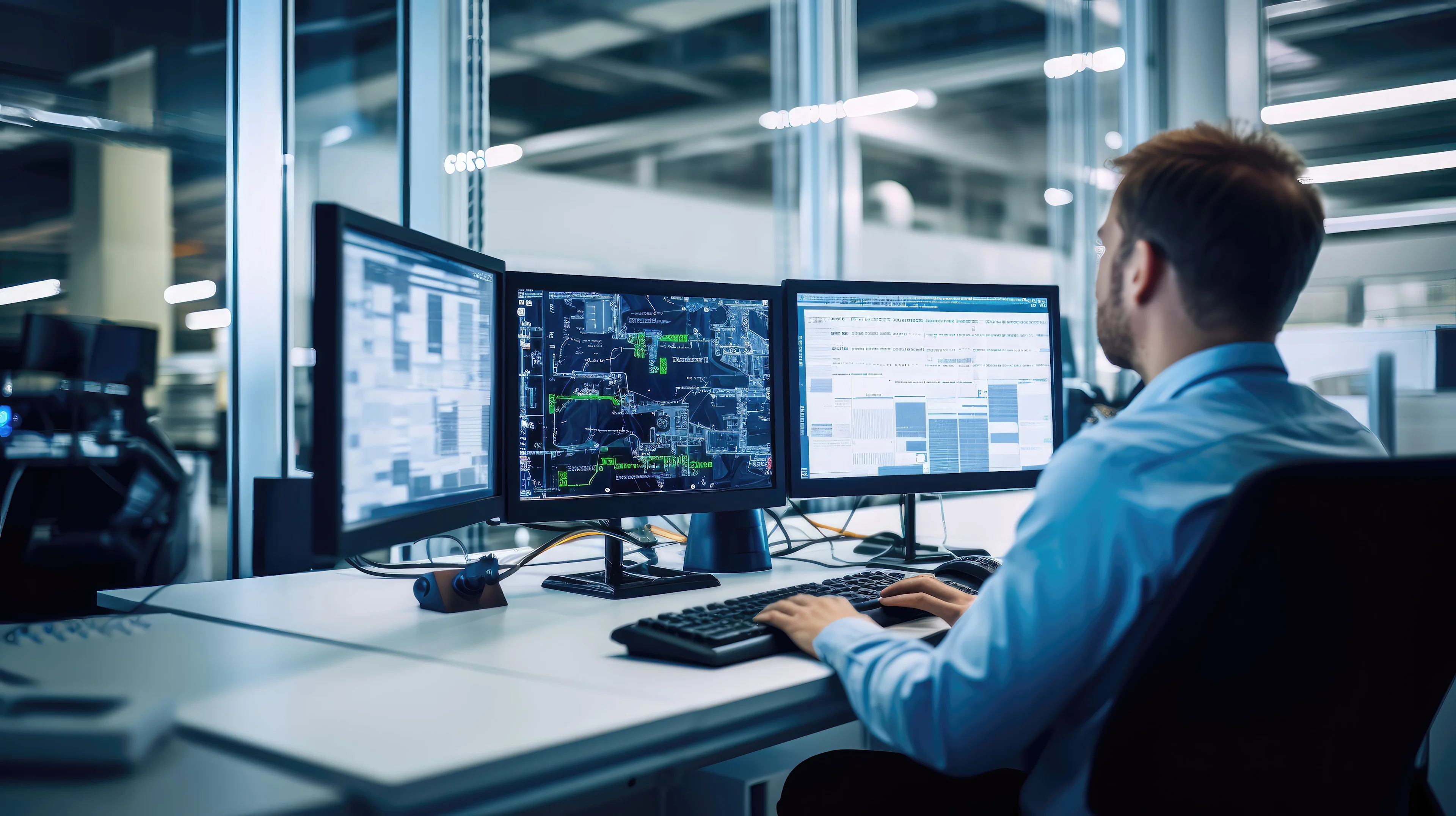 Engineer works on multiple monitors displaying complex data and schematics in a modern control room.