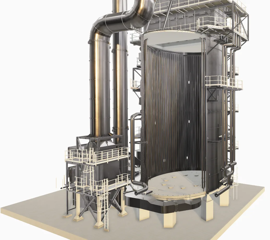 A cutaway view of a vertical industrial boiler, showcasing its internal structure with numerous tubes and a circular base.