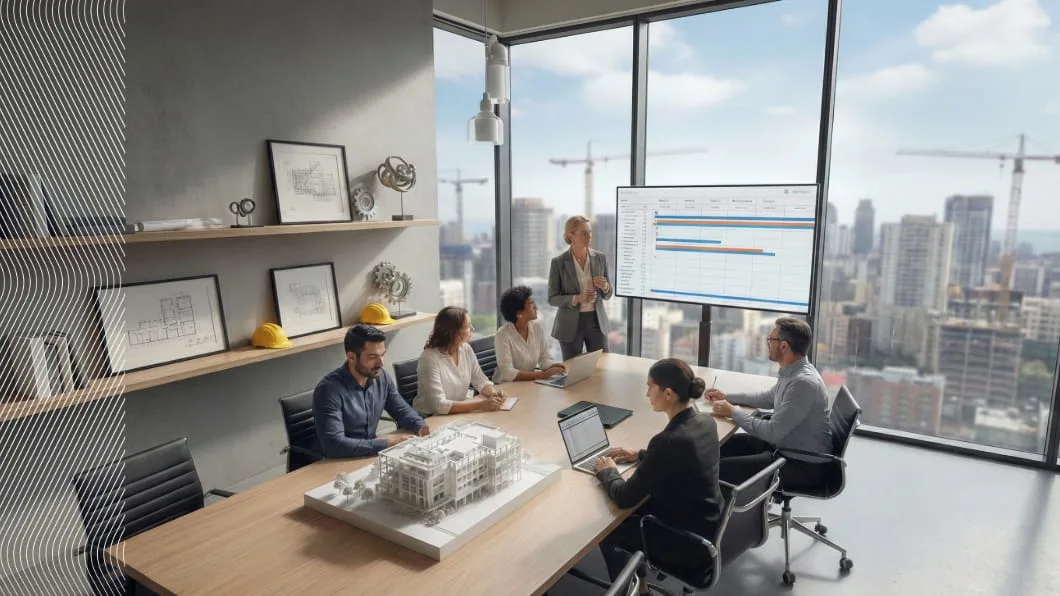 A diverse team in a modern boardroom discusses a construction project plan on a Gantt chart screen.