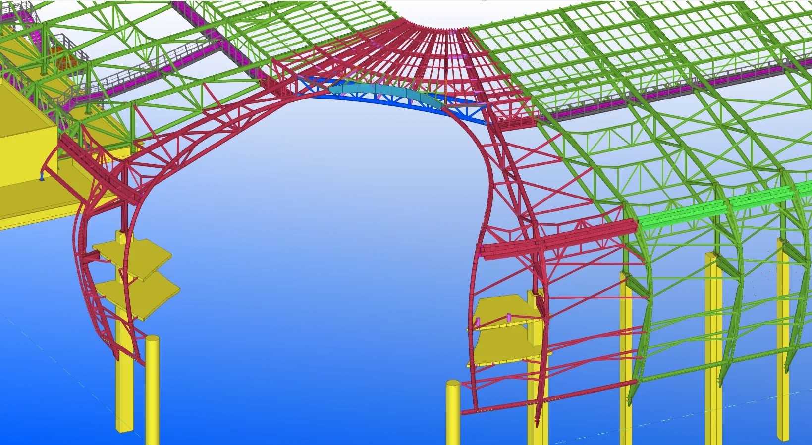 3D rendering of a complex steel structure, showing beams and supports in red, green, and purple, with yellow platforms and pillars.