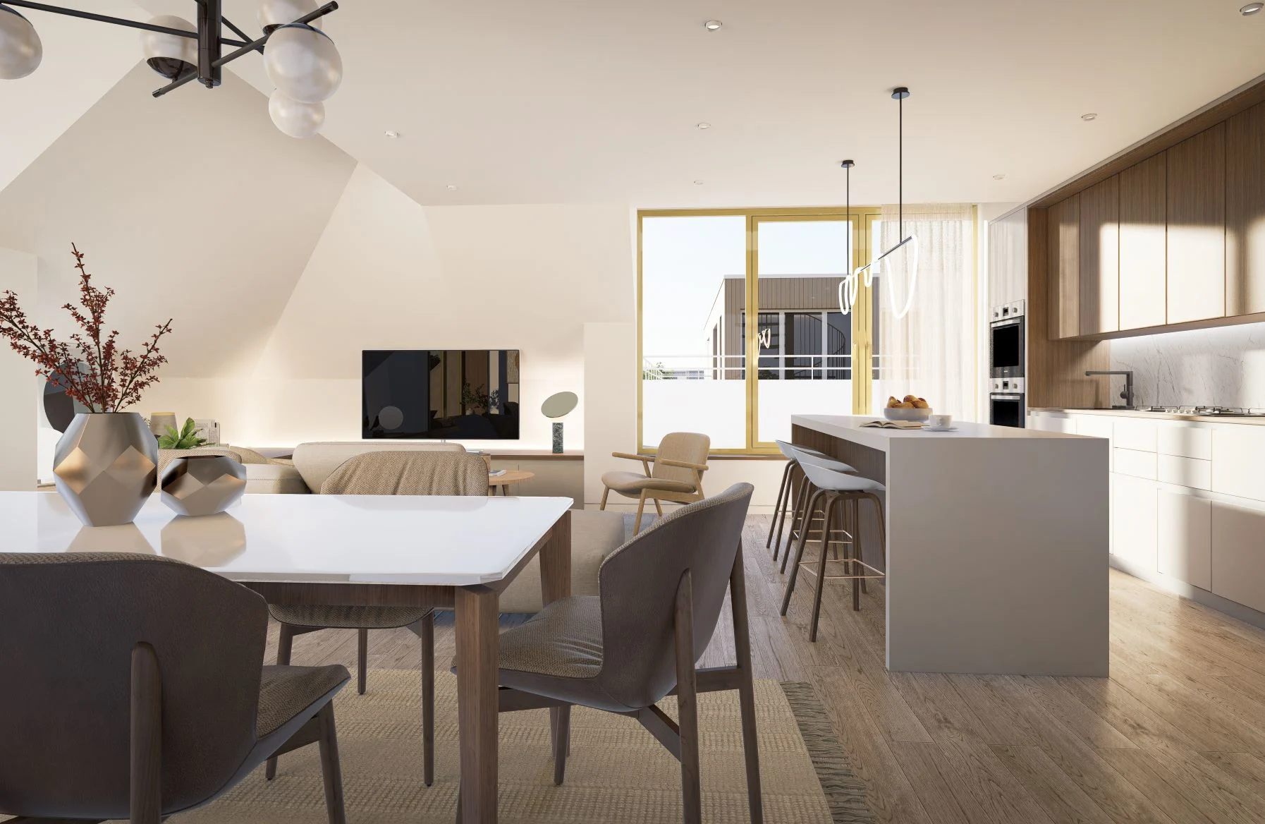 Les Maisons de Maîtres Églantiers, viewing the kitchen and living area in D5