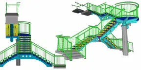 3D rendering of a complex steel structure with multiple staircases and platforms, featuring green railings and blue and yellow accents.