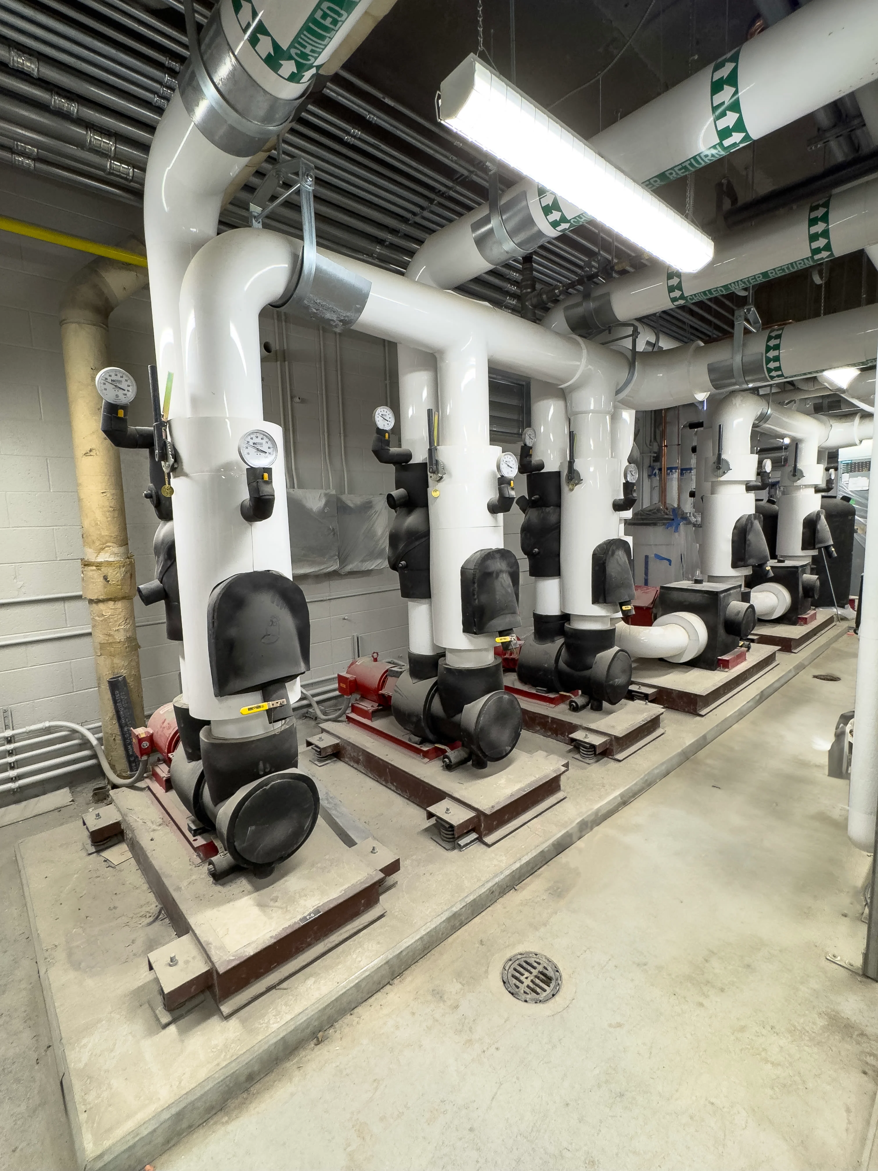 Chilled water pumps in the second-floor mechanical room of the addition space