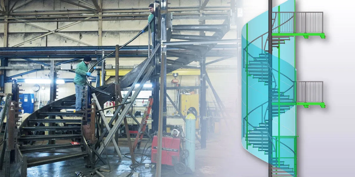 Two men in a factory are building a spiral staircase, which is overlaid with a digital rendering of the finished product.