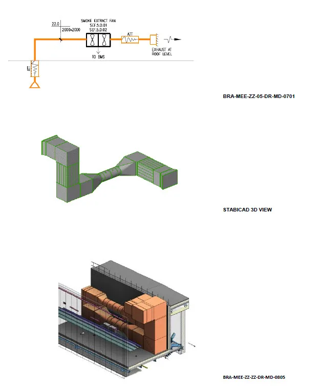 Diagrams and 3D views of a smoke extract fan system, including ductwork and equipment.