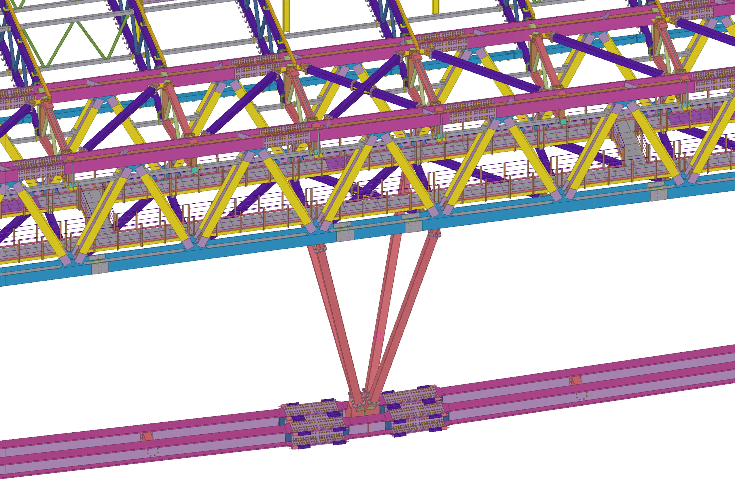 Tekla 3D rendering of a complex steel structure with different colored beams and supports.