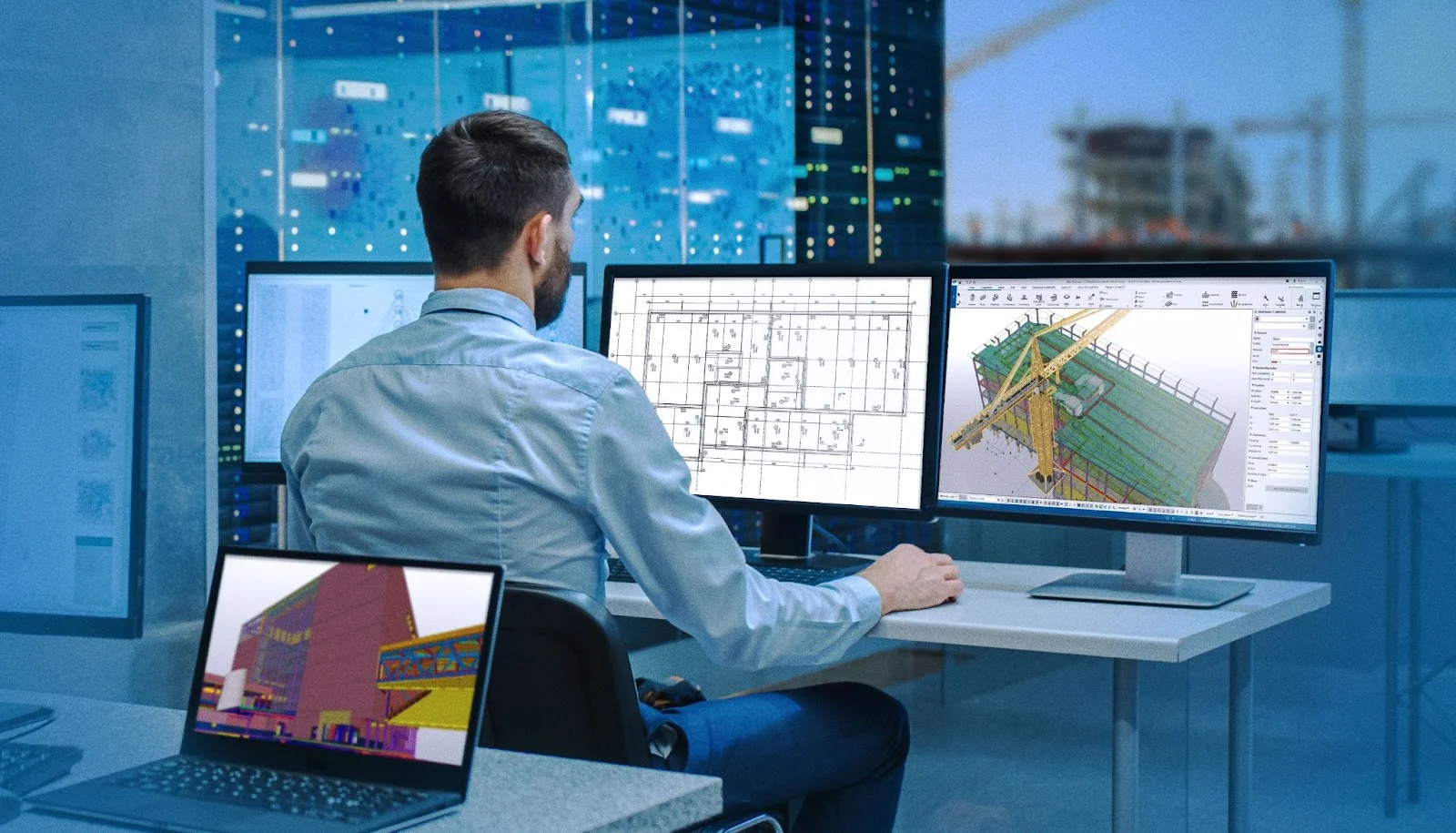 A man in a dress shirt sits at a desk with multiple computer monitors, reviewing architectural designs and a 3D model of a building project.