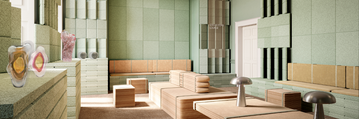 View of the Trimble x Collect exhibition at Somerset House, featuring a curated display of contemporary craft.