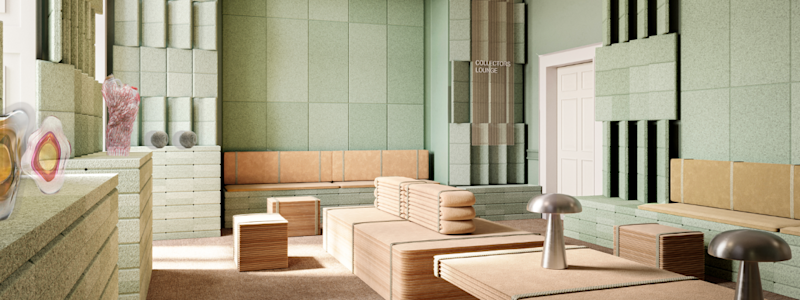 View of the Trimble x Collect exhibition at Somerset House, featuring a curated display of contemporary craft.