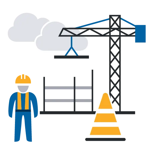 Illustration of a construction site with a crane, scaffolding, a worker, and a traffic cone.