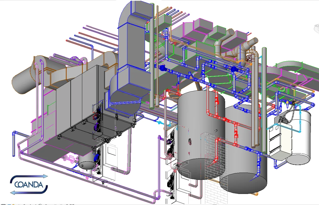 3D model of a HVAC system, showing ductwork, pipes, and mechanical equipment.