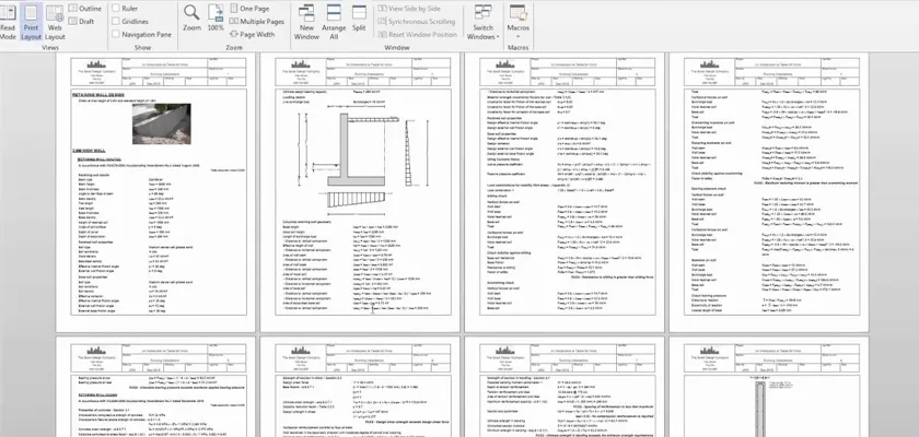 Tekla Tedds retaining wall analysis output in pdf viewer