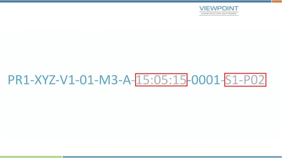 Viewpoint construction software interface showing BS1192 naming convention code PR1-XYZ-V1-01-M3-A with highlighted time and section numbers.