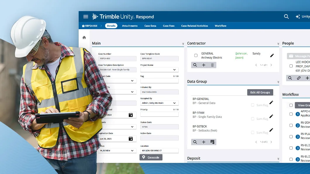 Field worker using a tablet next to a screen showing case details on the Trimble Unity Respond dashboard.