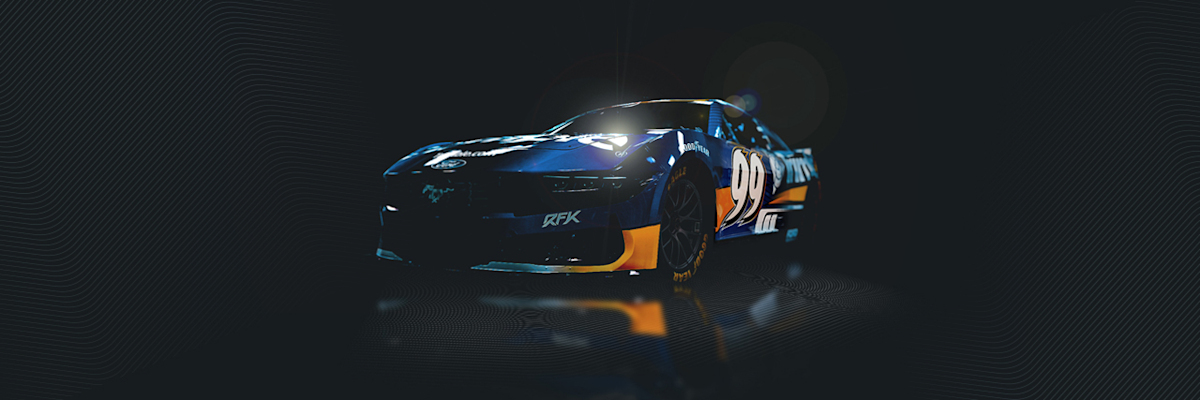 A blue RFK Racing #99 NASCAR Ford Mustang with Trimble branding and yellow accents, shown in a dark studio setting.