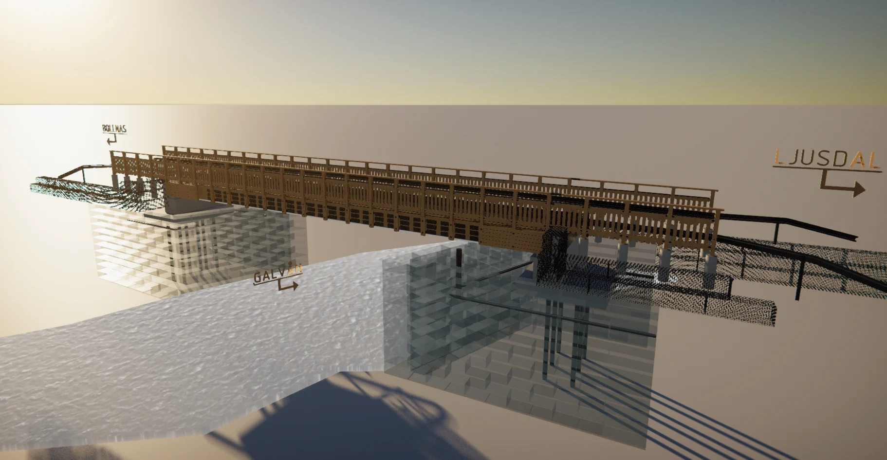 A 3D rendering of a proposed wooden bridge design for Bollnäs Röste, with clear labels for Biking and Jusdal.