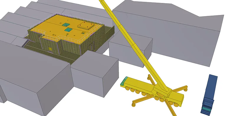 3D rendering of a construction site with a yellow crane and a blue truck next to a yellow building.