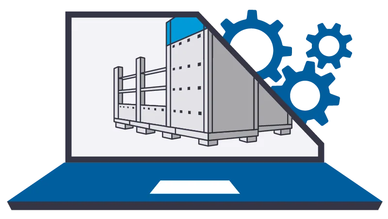 Illustration of a laptop with a blueprint of a modular structure on its screen, with gears in the background.