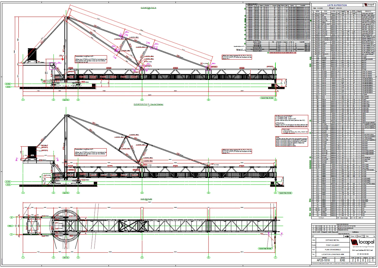 Engineering blueprint showing multiple views of a crane structure with detailed dimensions and specifications.