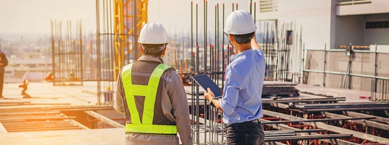 Two engineers in hard hats look over a construction site while one holds a digital tablet.