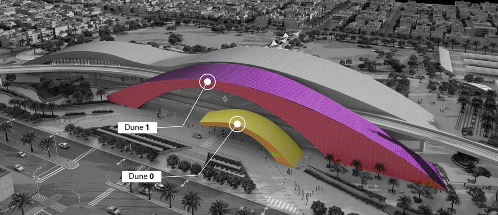 Architectural rendering of a modern, multi-level transportation hub with sweeping, wave-like roofs in red, purple, and yellow.