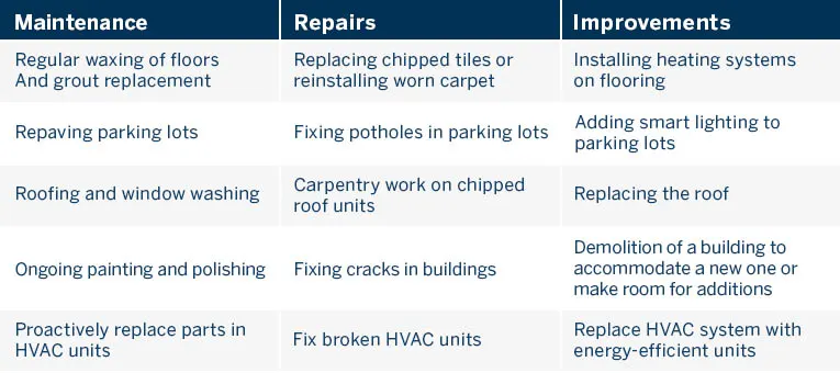 Maintenance Repairs Improvements Chart