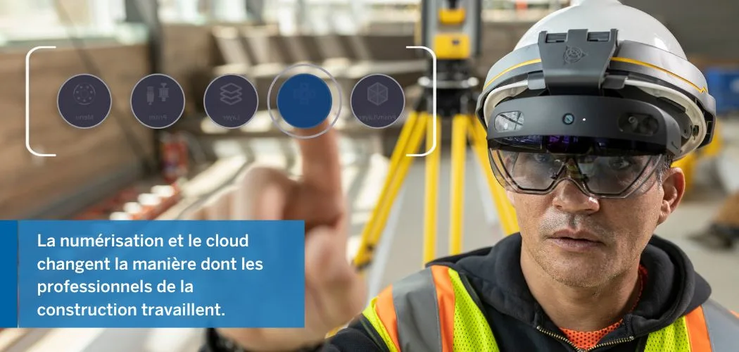 Construction worker wearing augmented reality glasses and a hard hat, interacting with a holographic interface.