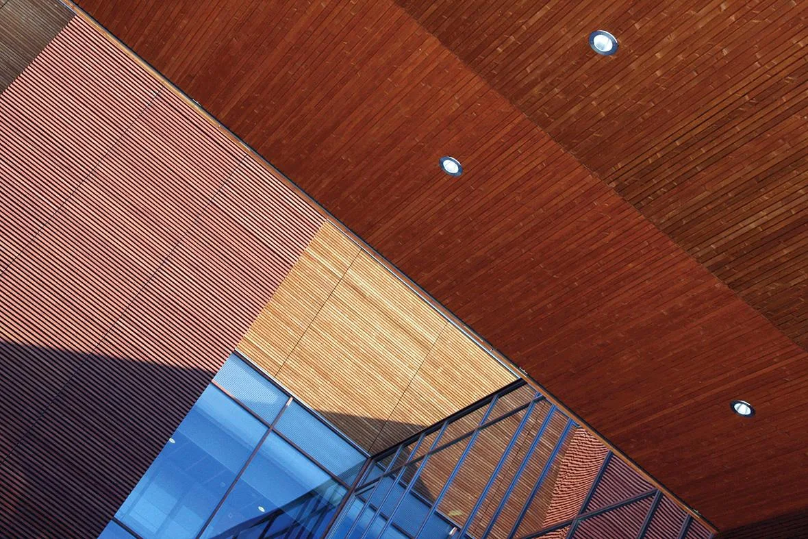 Wood structure details in Finnforest Modular Office facade