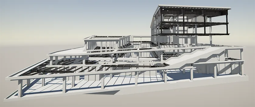 A 3D rendering of a building's structural framework, showing concrete pillars and beams, as well as steel beams.