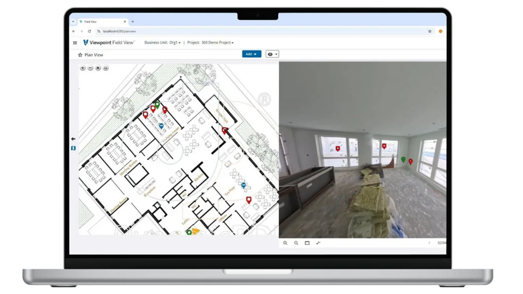 Laptop screen showing Viewpoint Field View with a floor plan and a 360-degree photo of an indoor site.