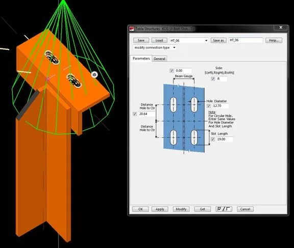 Tekla Structures software displaying a 3D model of a U-bolt slot connection next to a 2D diagram with dimensions for hole diameter and slot length.