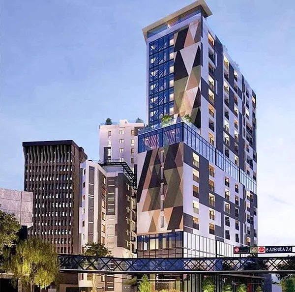 A rendering of a modern, multi-story building with a unique geometric facade in a city skyline.