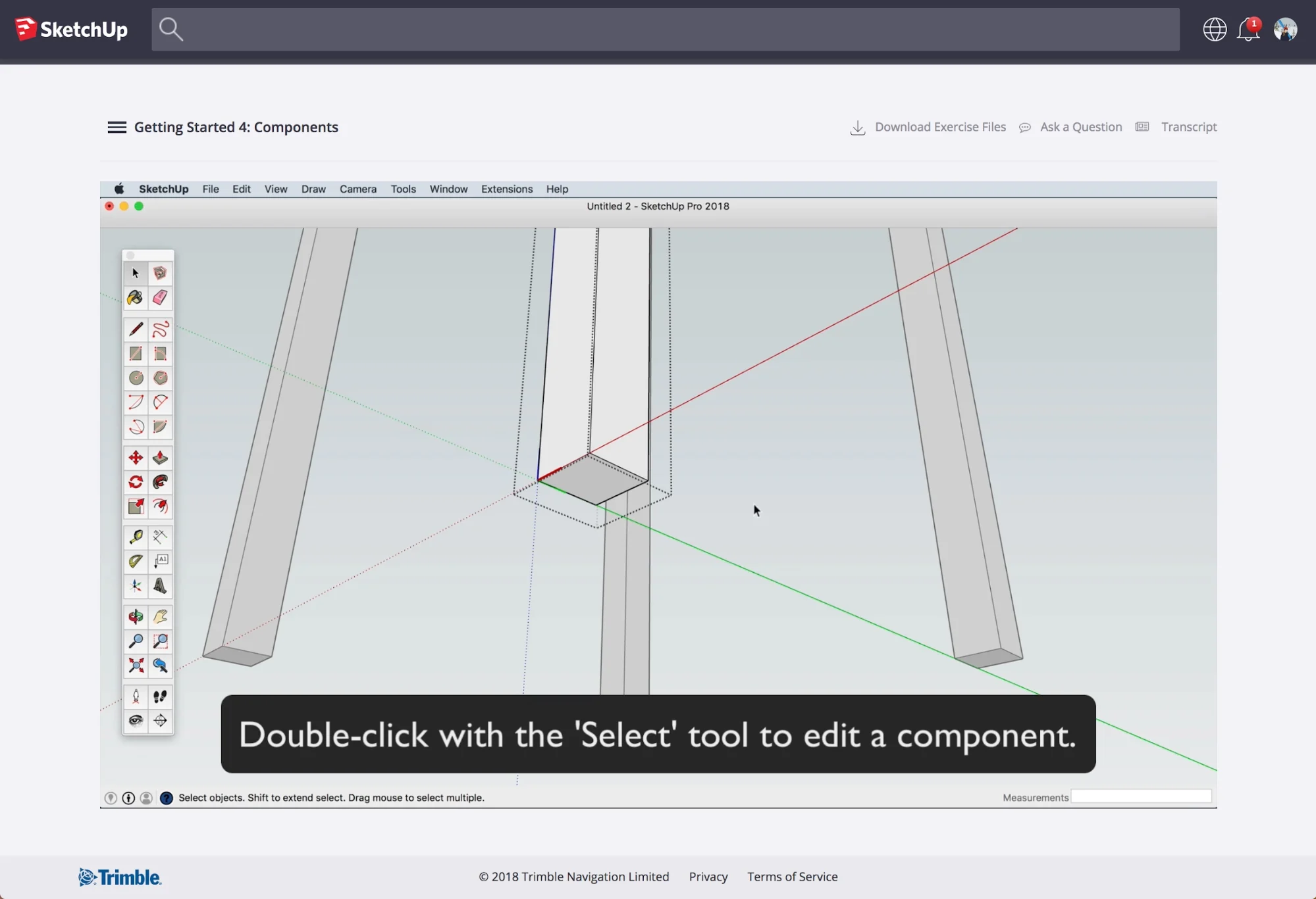 SketchUp 3D model with a text overlay: Double-click with the 'Select' tool to edit a component.