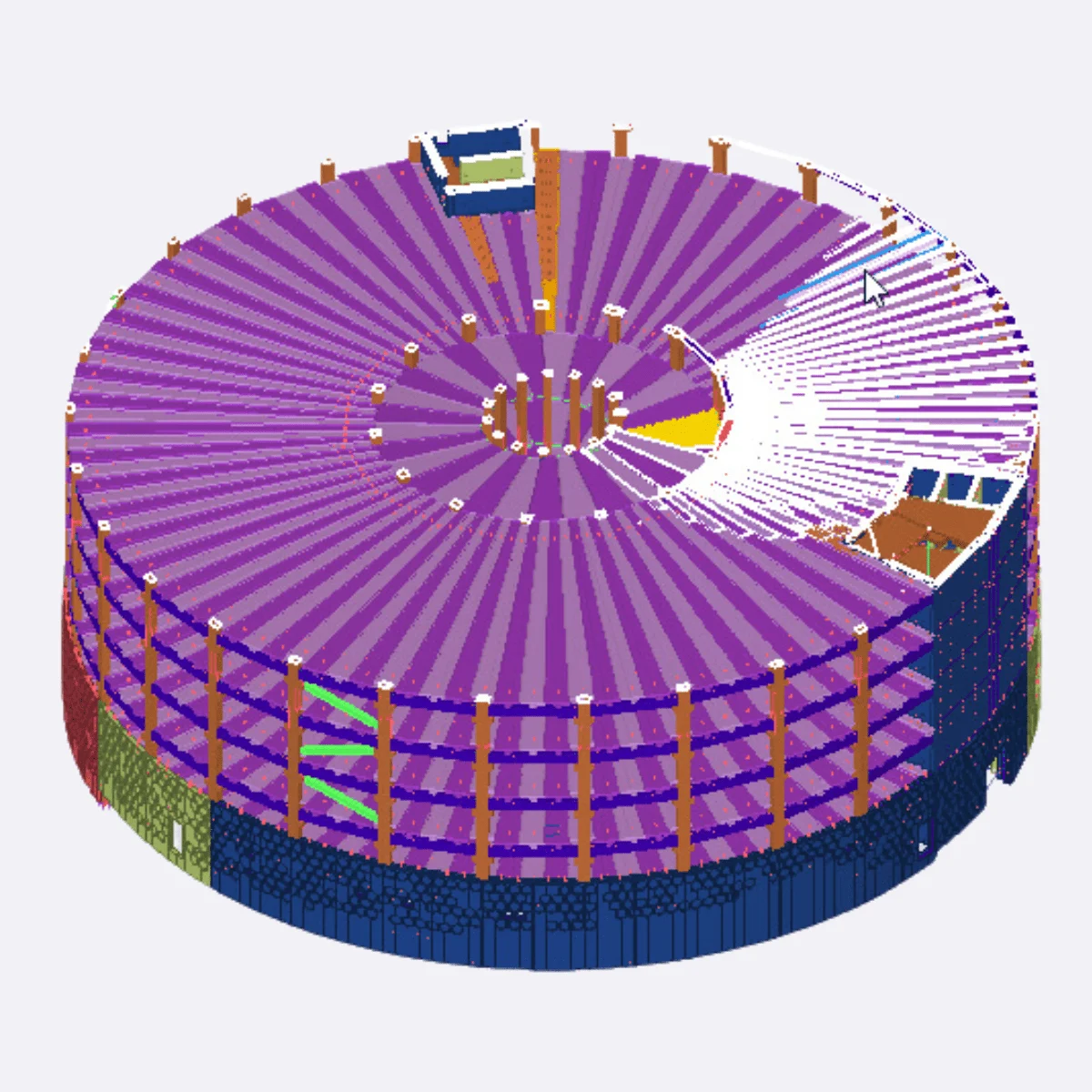 3D rendering of a circular building with multiple levels, purple floors, and orange support columns.