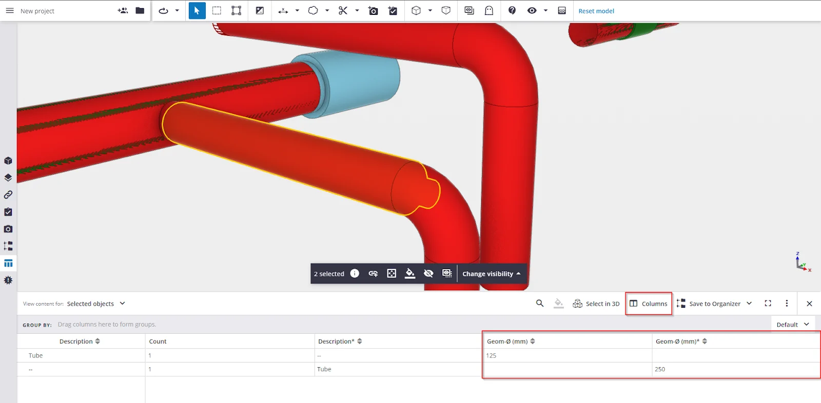 3D rendering of red pipes with a blue connector, displaying object details in a table below.